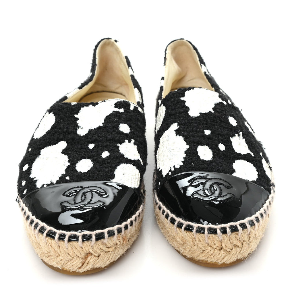 Patent Tweed Splatter Paint Print Cap Toe CC Espadrilles 36 Black White