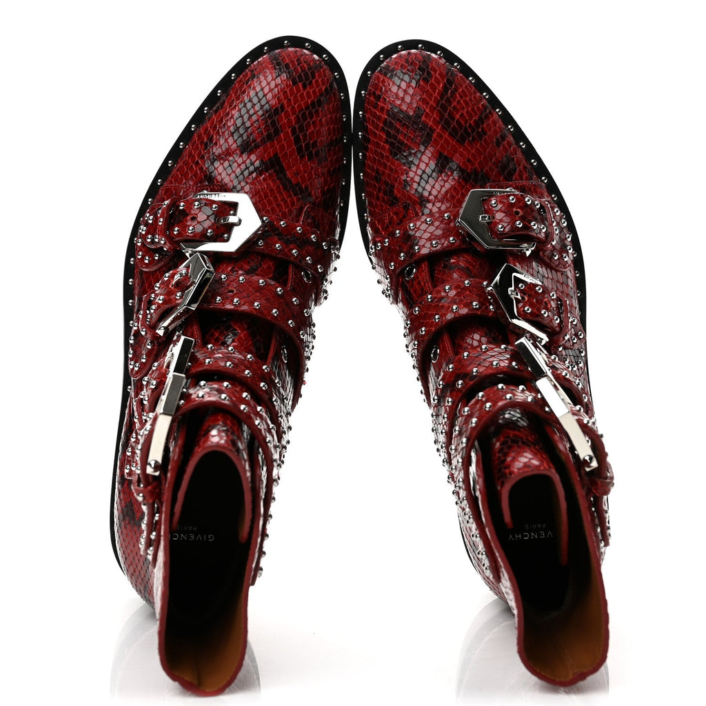 Calfskin Snakeskin Embossed Studded Elegant Flat Ankle Boots 38.5 Red