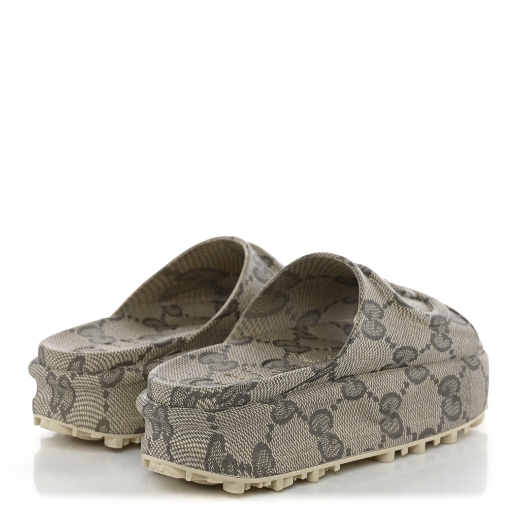 Cubic Rubber GG Monogram Womens Interlocking G Platform 42mm Slide Sandals 36 Beige Ebony