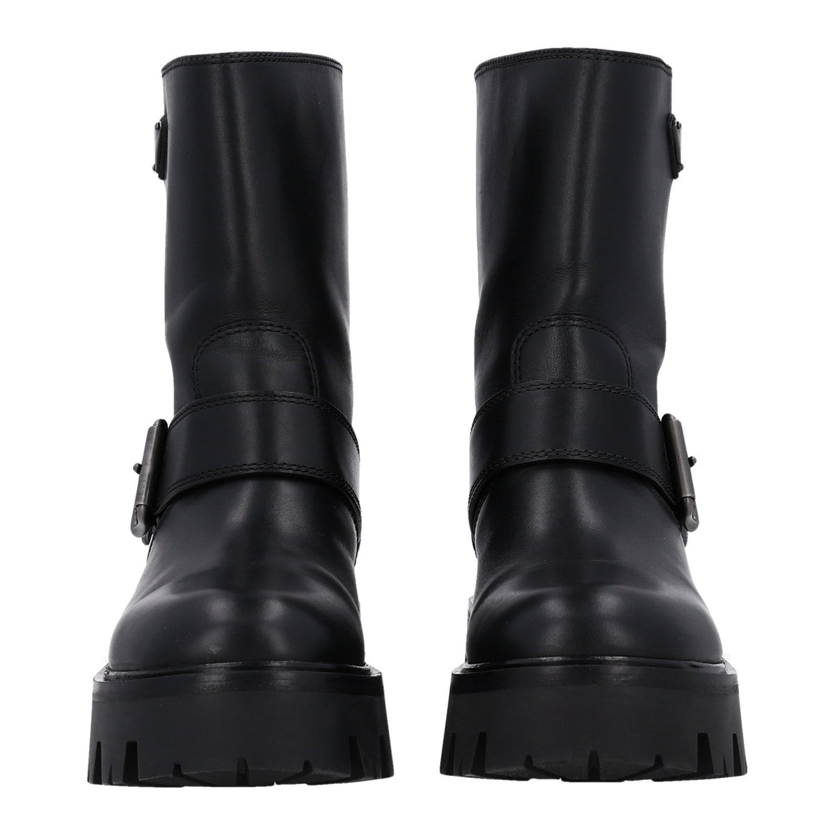 Calfskin Metal Triangle Logo Buckled Booties 36 Black