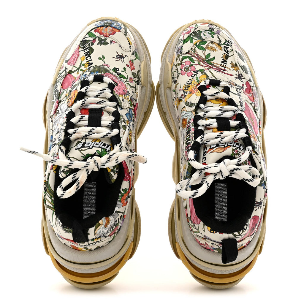 X GUCCI Fabric Allover Logo Flora Print Womens Triple S Sneakers 37 Multicolor White