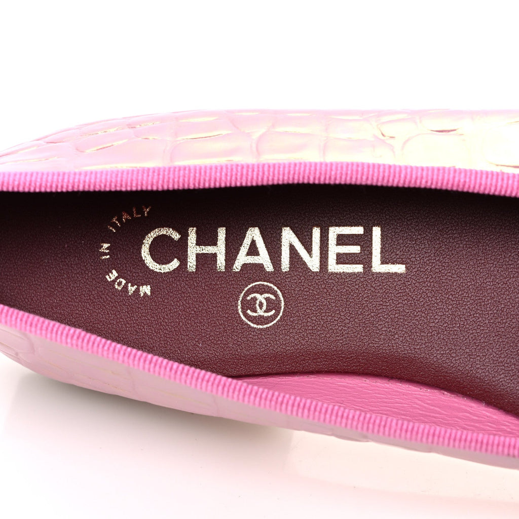 Iridescent Calfskin Crocodile Embossed Ballerina Flats 36.5 Pink