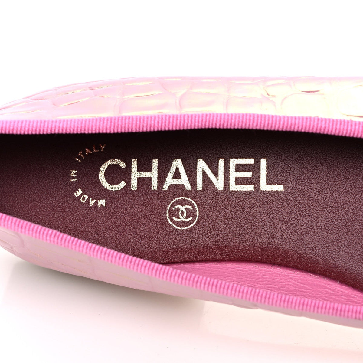 Iridescent Calfskin Crocodile Embossed Ballerina Flats 36.5 Pink