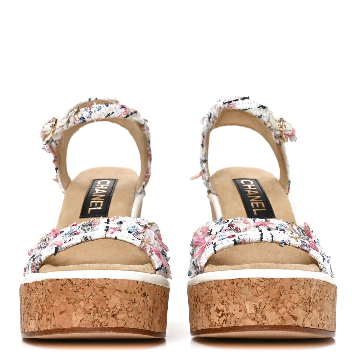 Tweed Cork CC Wedge Sandals 37.5 Ecru Pink Blue Green