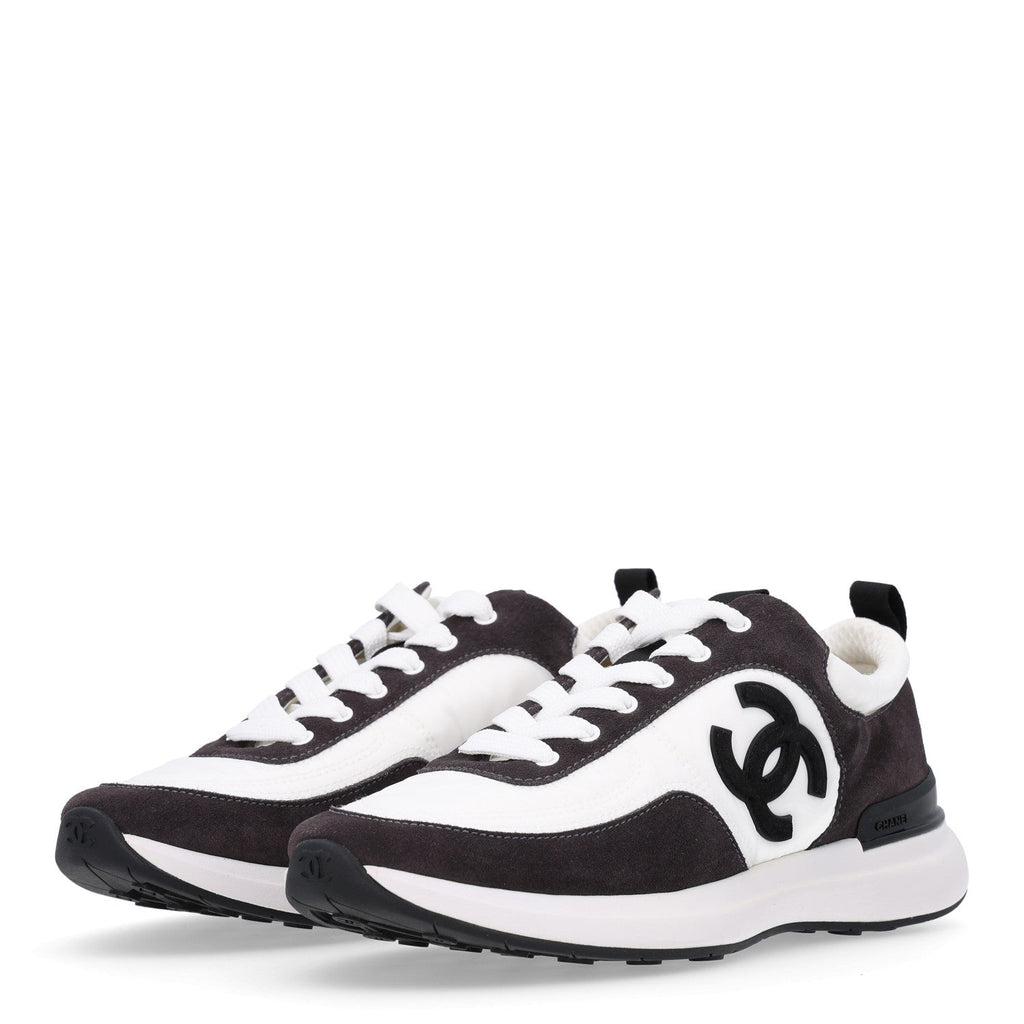 Calfskin Mesh Lycra Suede Womens Logo Sneakers 37.5 White Black