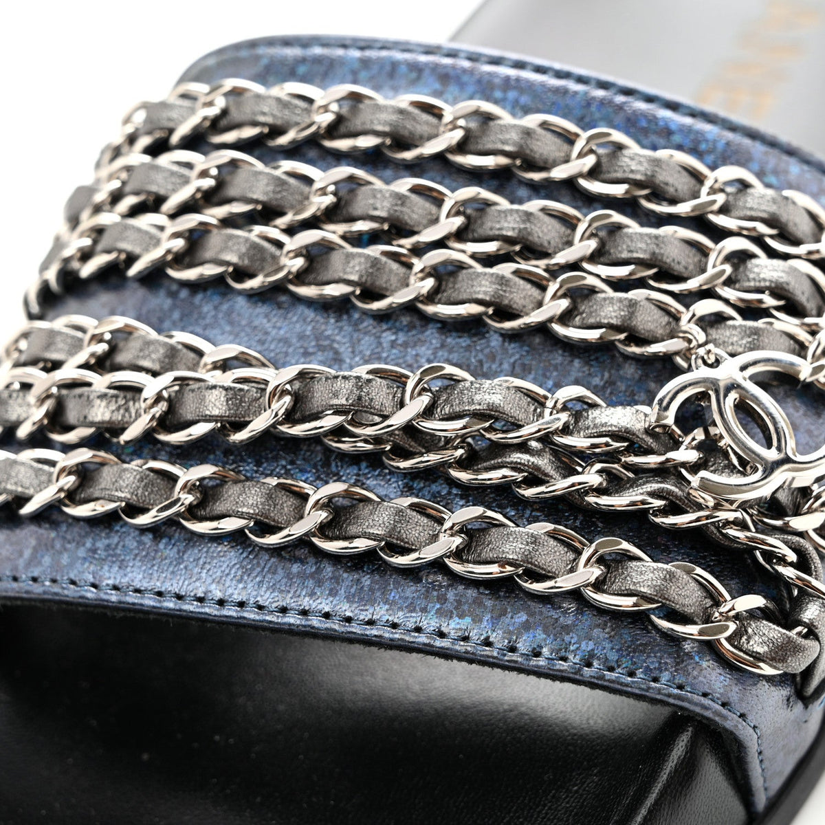 Fantasy Lambskin Chain Slides Sandals Flats 35 Blue