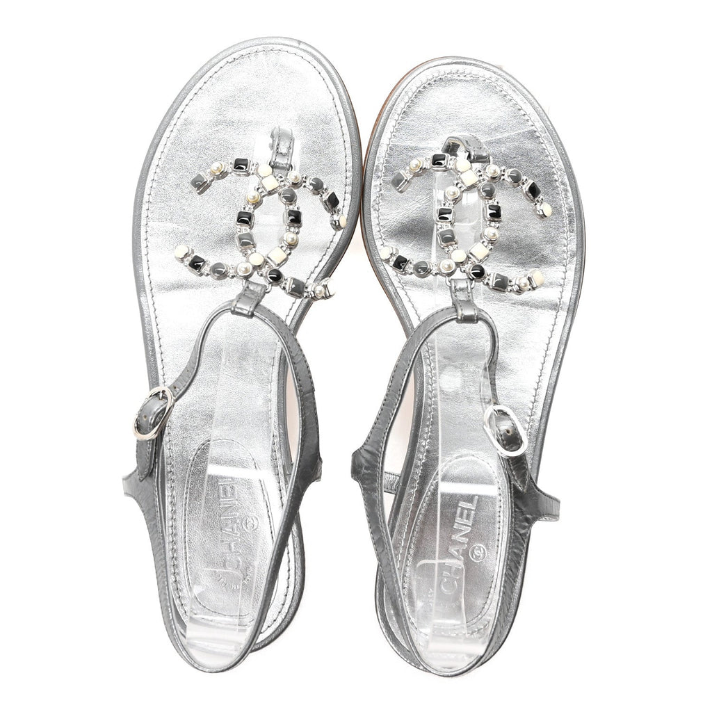 Metallized Lambskin CC Crystal Thong Sandals 38 Silver
