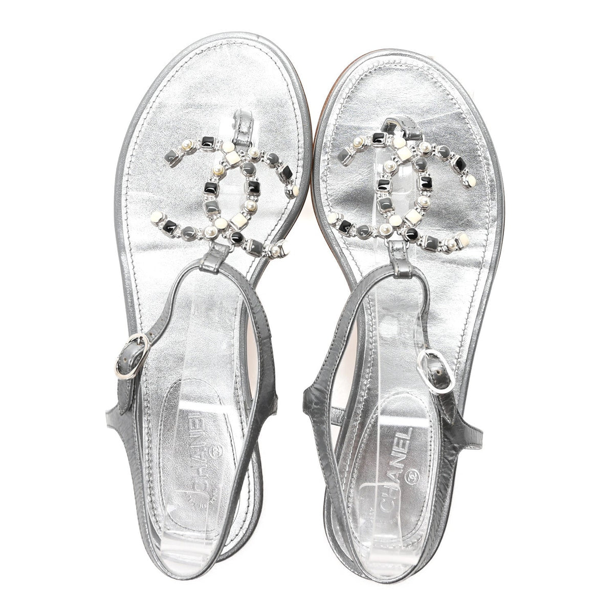 Metallized Lambskin CC Crystal Thong Sandals 38 Silver