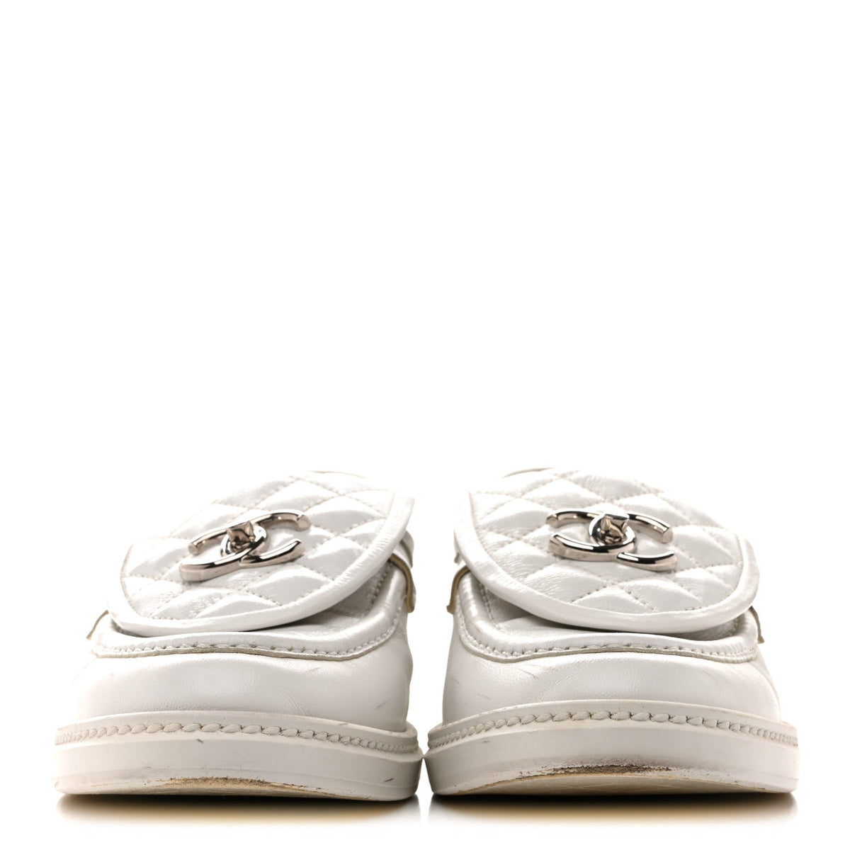 Shiny Lambskin Quilted CC Turnlock Loafers 40 White