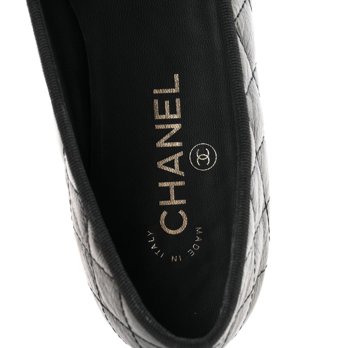Metallic Aged Calfskin Quilted CC Cap Toe Ballerina Flats 38.5 Dark Silver