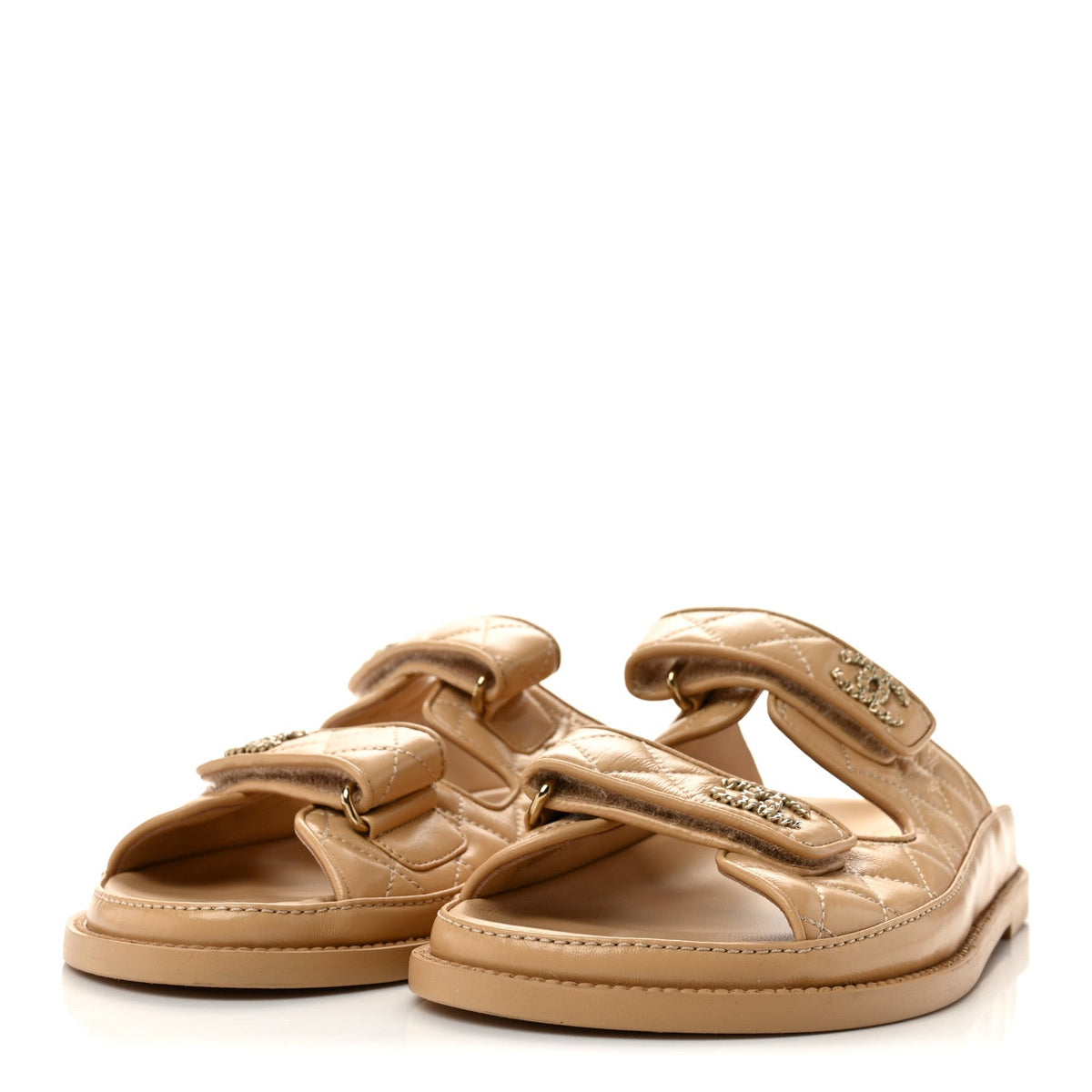 Lambskin Quilted Velcro Dad Chain CC Slide Sandals 38.5 Beige