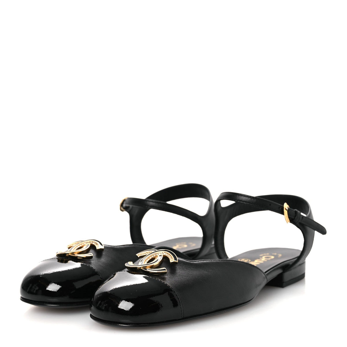 Lambskin Patent Cap Toe Crystal Enamel CC Mary Jane Slingback Flats 36 Black