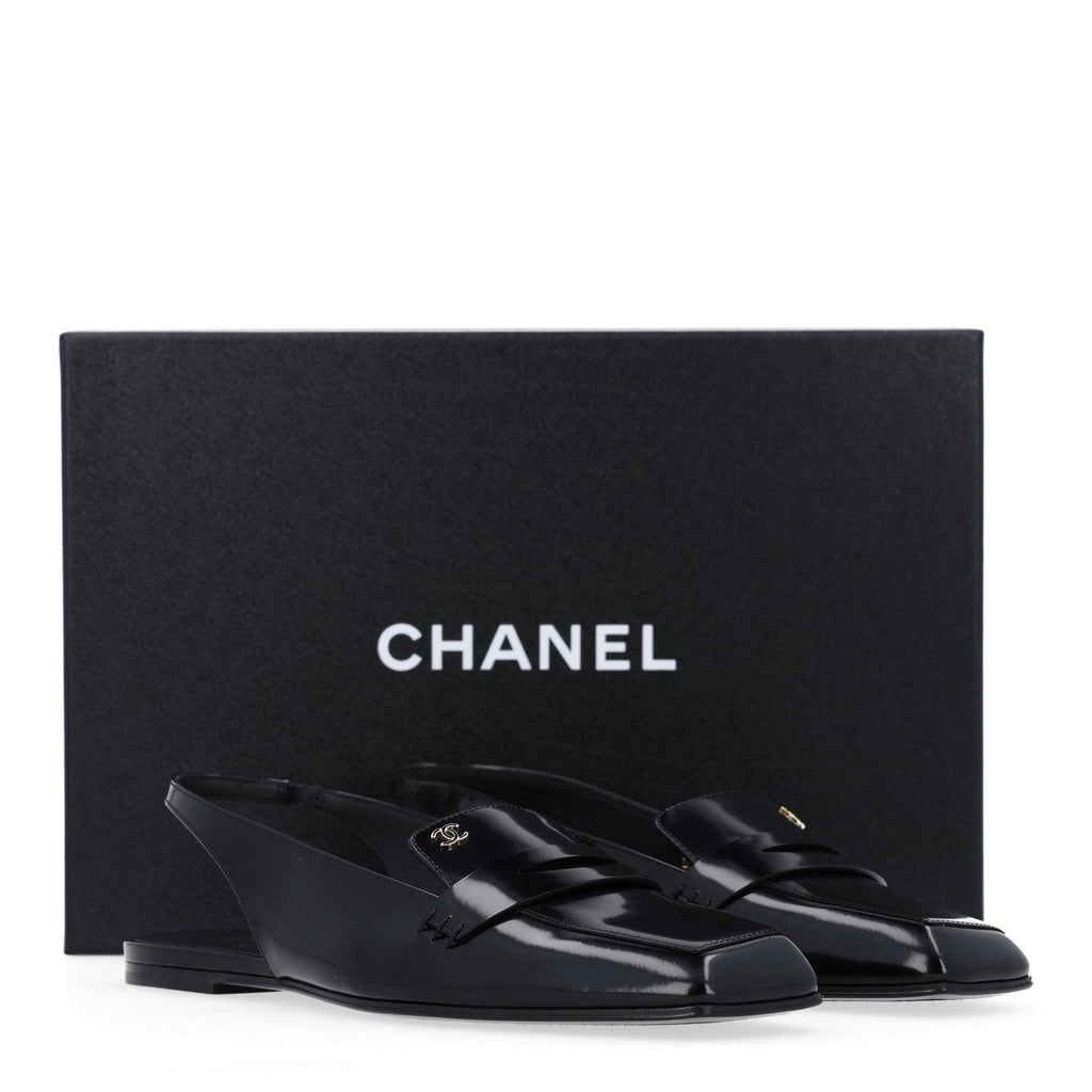 Shiny Calfskin Slingback Loafers 38 Black