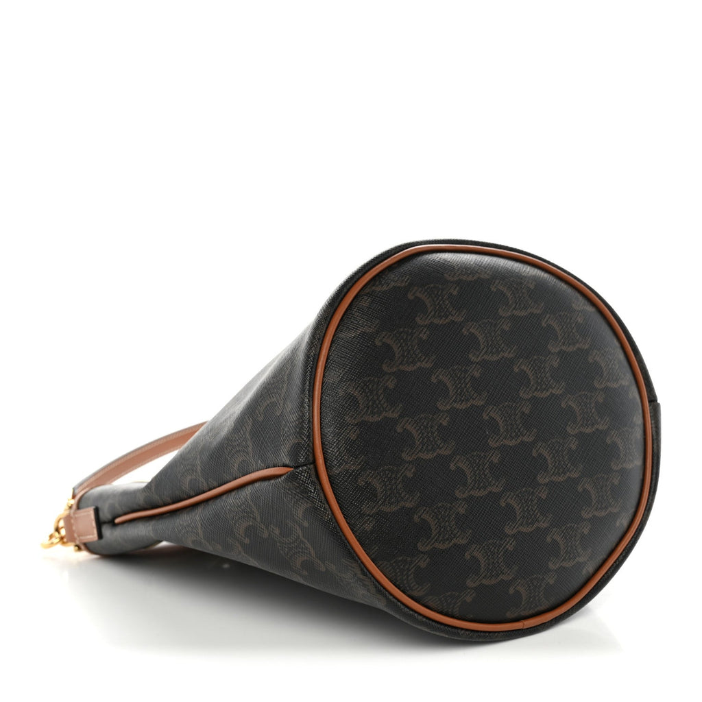 Triomphe Canvas Calfskin Teen Clara Drawstring Bucket Bag Tan