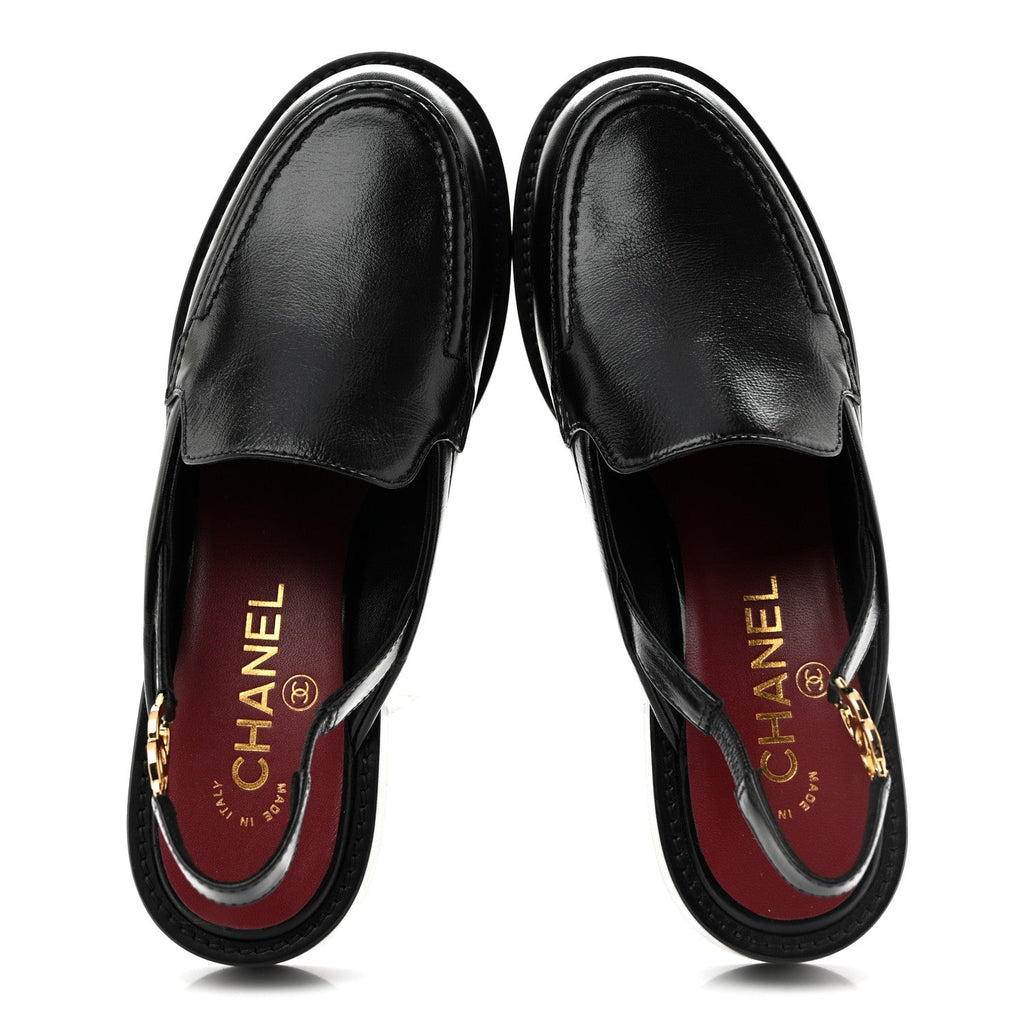 Glazed Calfskin CC Slingback Flats 37 Black