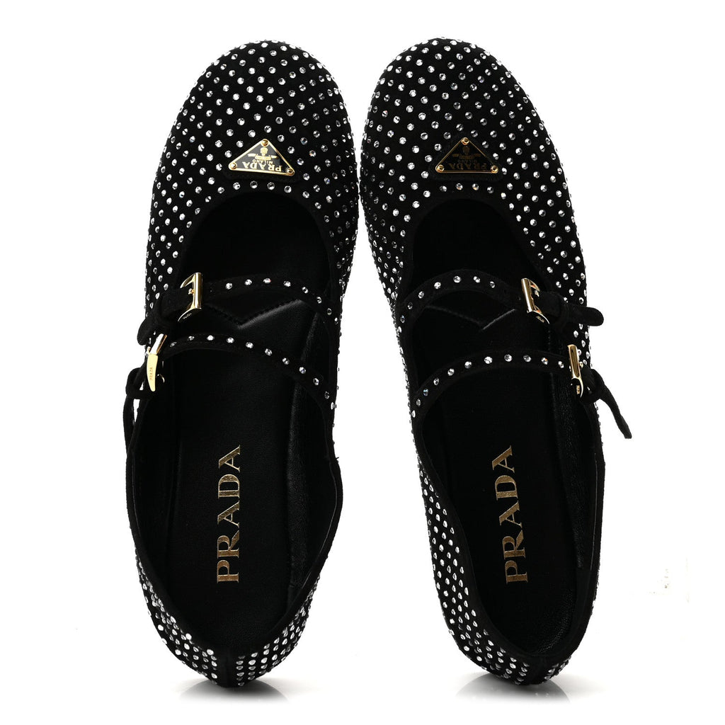 Suede Crystal Studded Ballerina Flats 38 Black