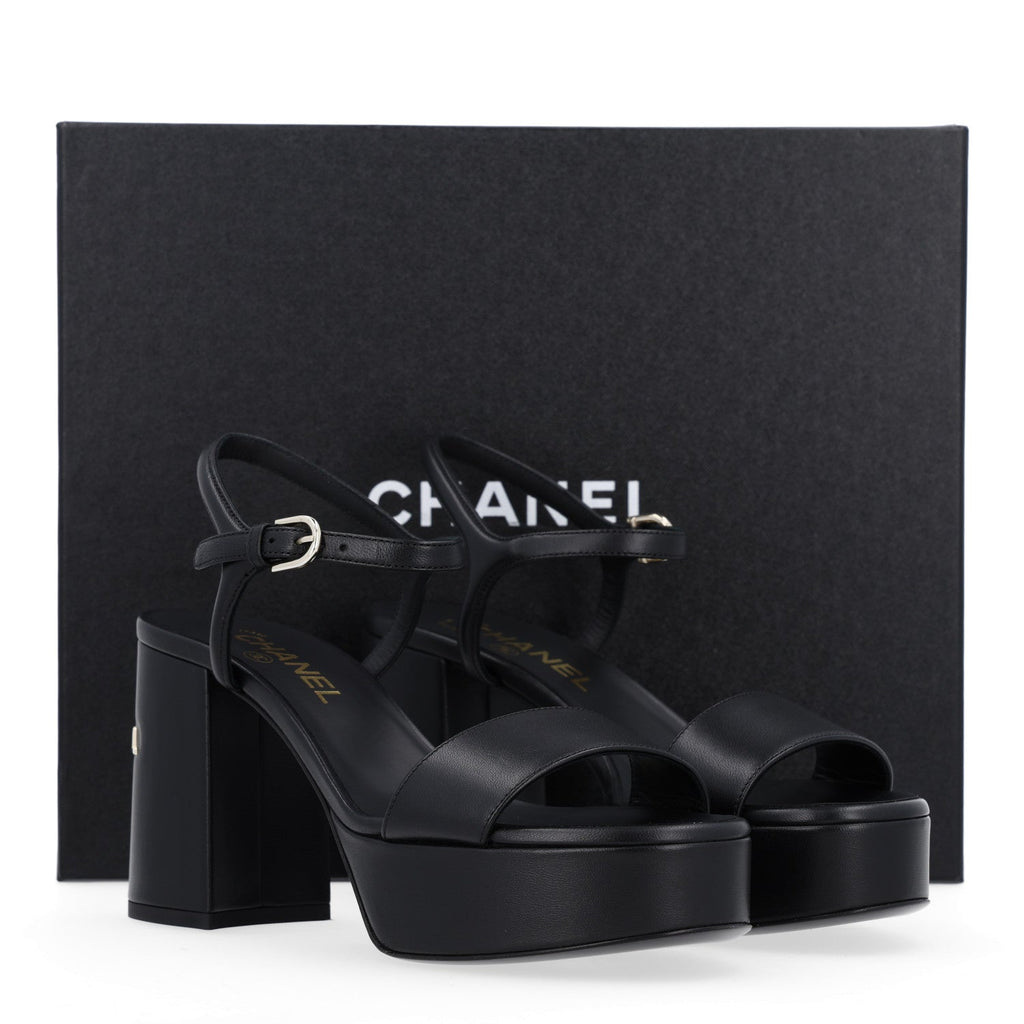 Lambskin Logo Platform Sandals 38 Black