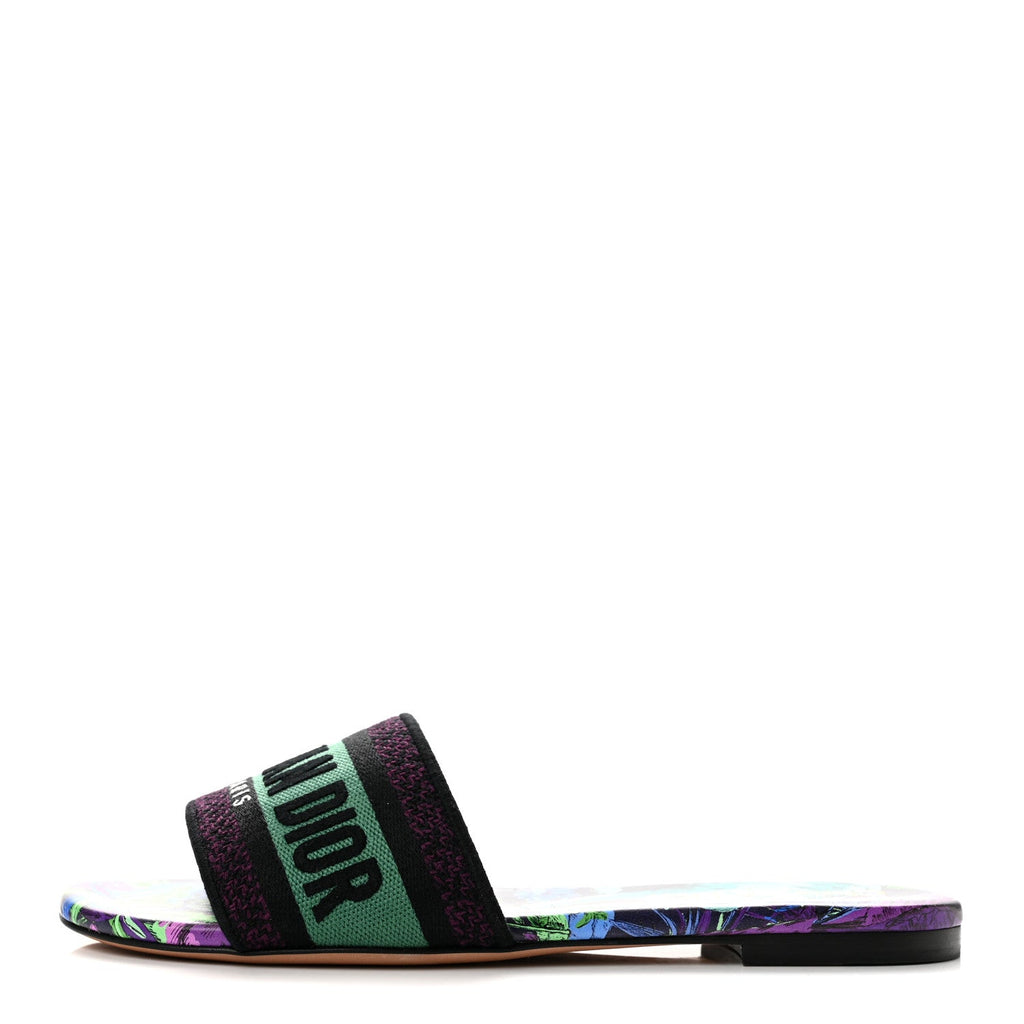 Canvas Toile de Jouy Voyage Embroidered Dway Flat Slide Sandals 36.5 Purple Multicolor