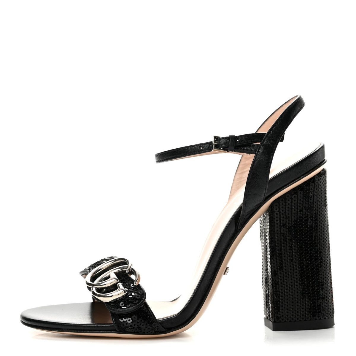 Sequin Satin Nappa GG Marmont Ankle Wrap 75mm Sandals 38.5 Black
