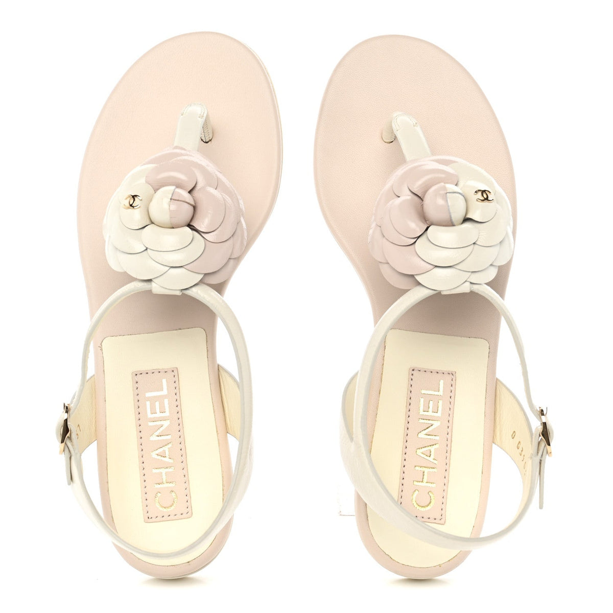 Shiny Calfskin Camellia Thong Sandals 37 Ivory Beige