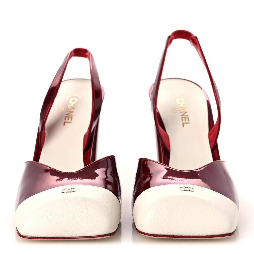 Laminated Calfskin Lambskin Cap Toe CC Slingback Pumps 38 Red Ivory