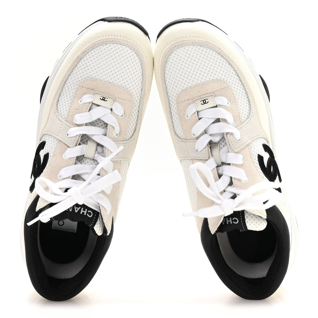 Mesh Suede Calfskin Grained Calfskin Womens CC Sneakers 40.5 White Black