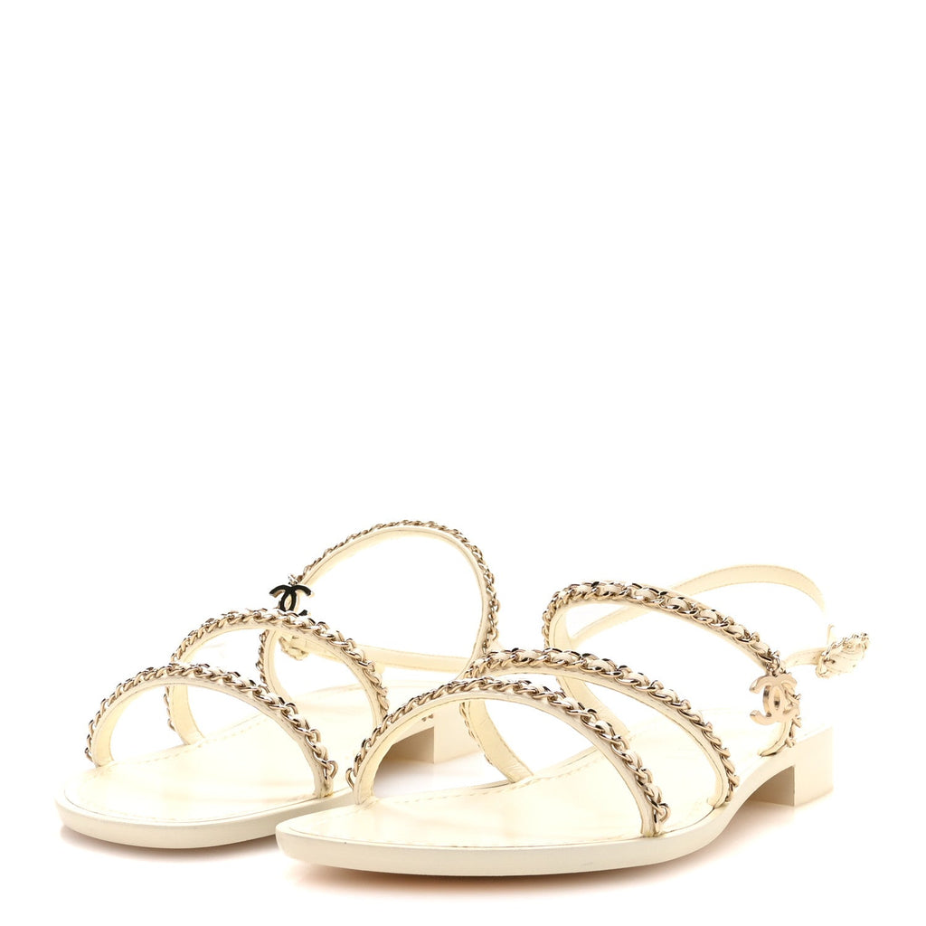 Lambskin CC Chain Flat Sandals 40 Ivory