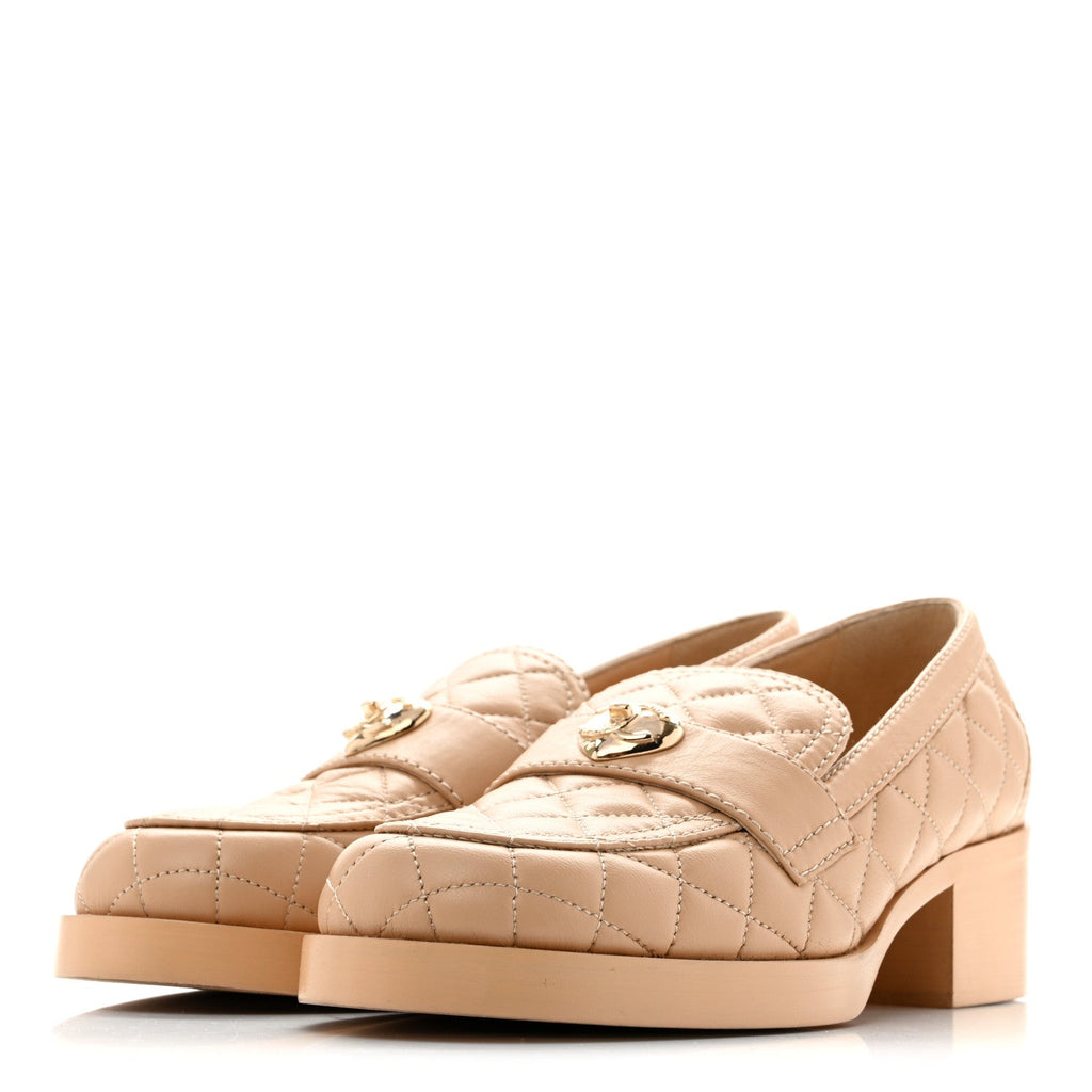 Lambskin Quilted CC Heart Loafers 39 Beige