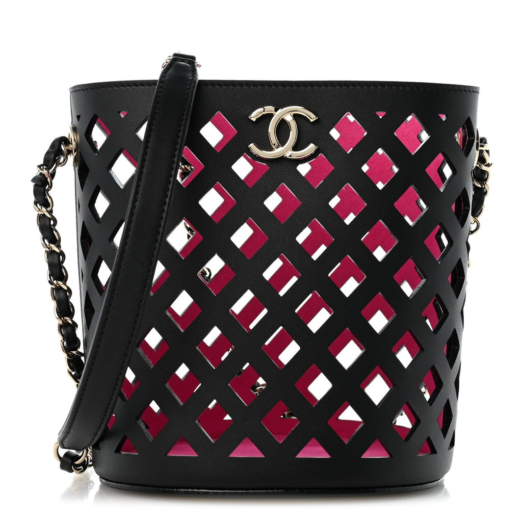 Lambskin Sea Through Bucket Drawstring Bag Black Multicolor