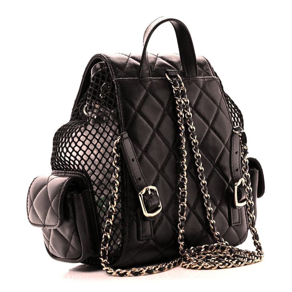 Shiny Lambskin Mesh Quilted Small Cargo Duma Drawstring Backpack Black