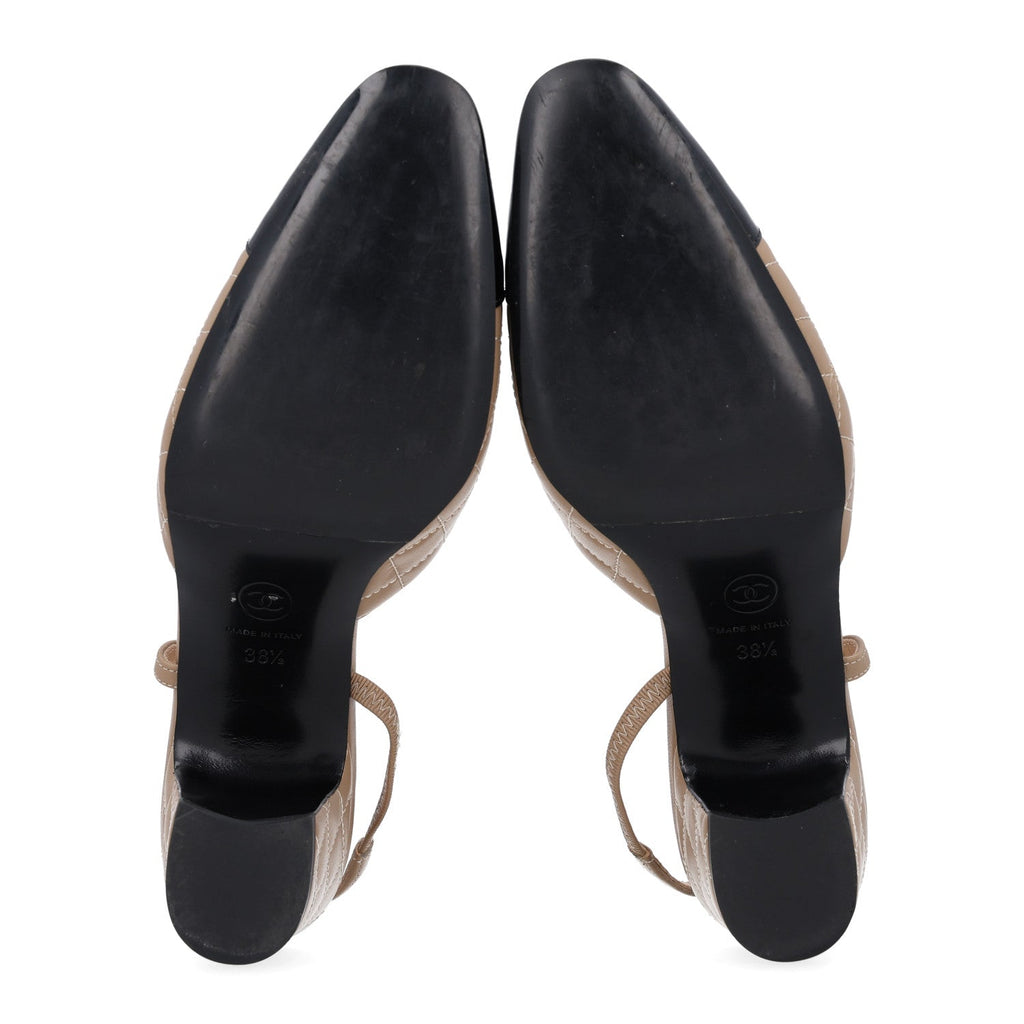 Lambskin Patent Calfskin Quilted Cap Toe CC Slingback Pumps 38.5 Beige Black