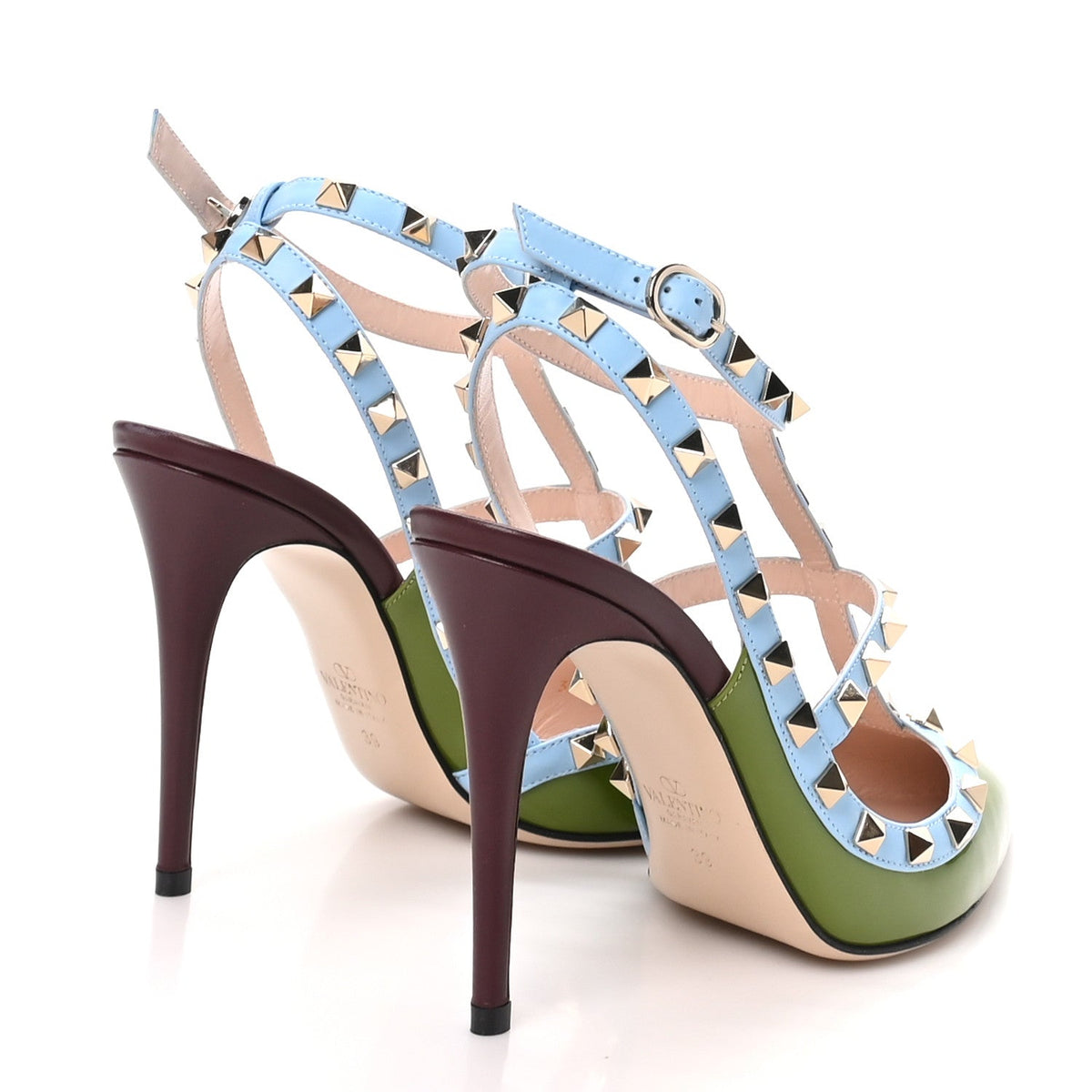 Patent Nappa Rockstud Ankle Strap 100mm Pumps 39 Chartreuse Multicolor