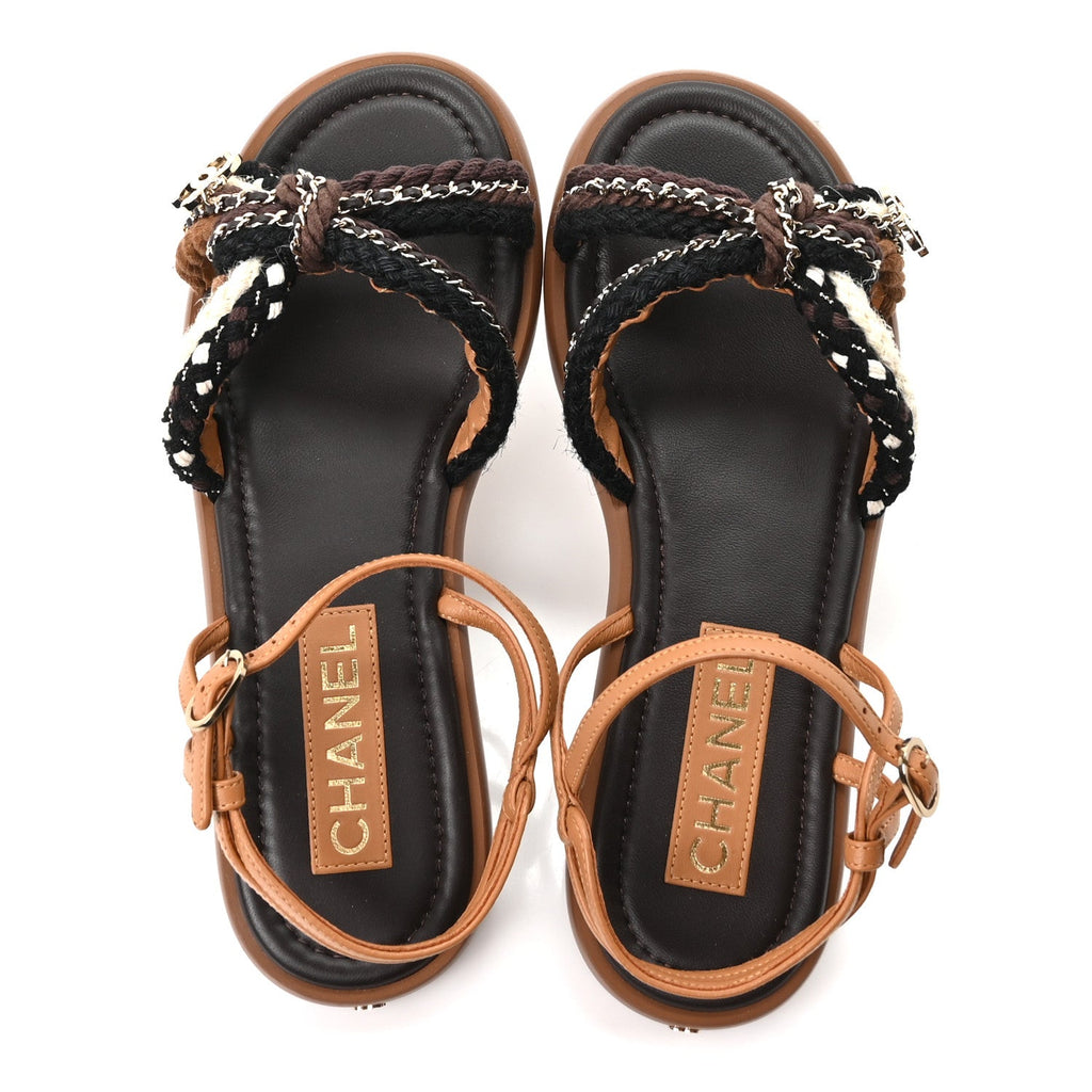 Lambskin Cord Chain CC Sandals 37 Brown Black Ivory