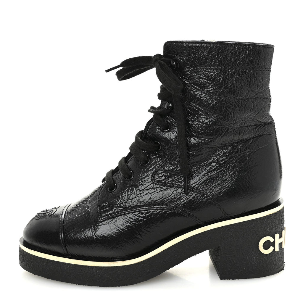Shiny Crumpled Lambskin Lace Up Combat Boots 37 Black