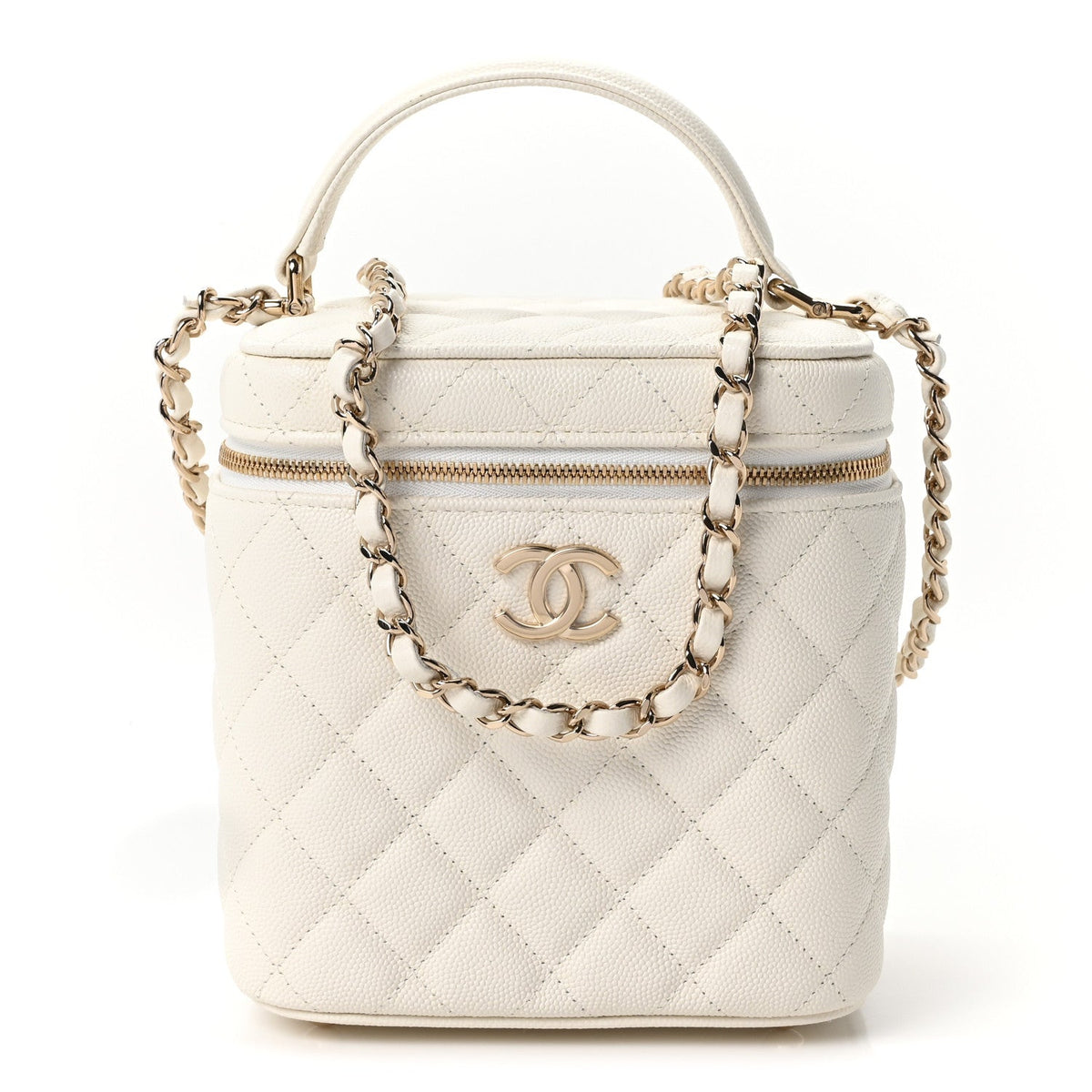 Caviar Quilted Small Top Handle Vanity Case With Chain White
