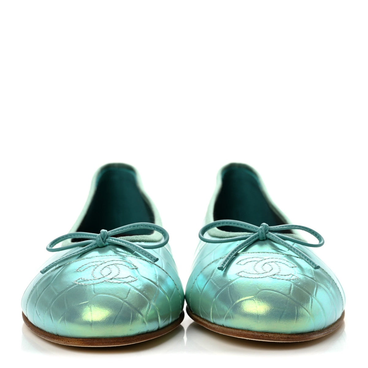 Iridescent Calfskin Crocodile Embossed Ballerina Flats 39.5 Green