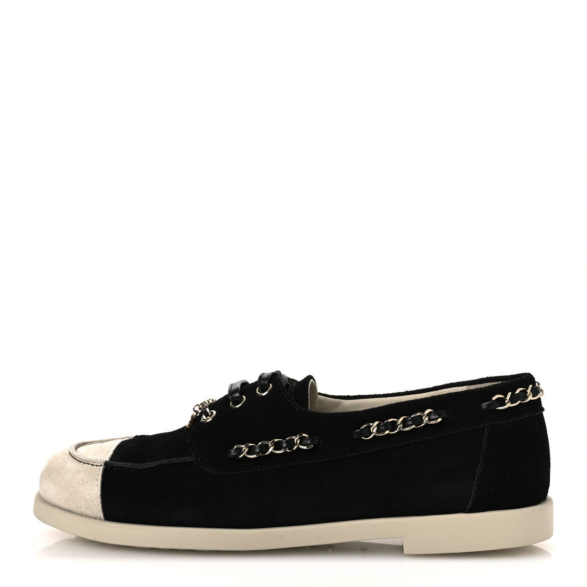 Suede Calfskin CC Chain Loafers 38.5 Black Light Gray