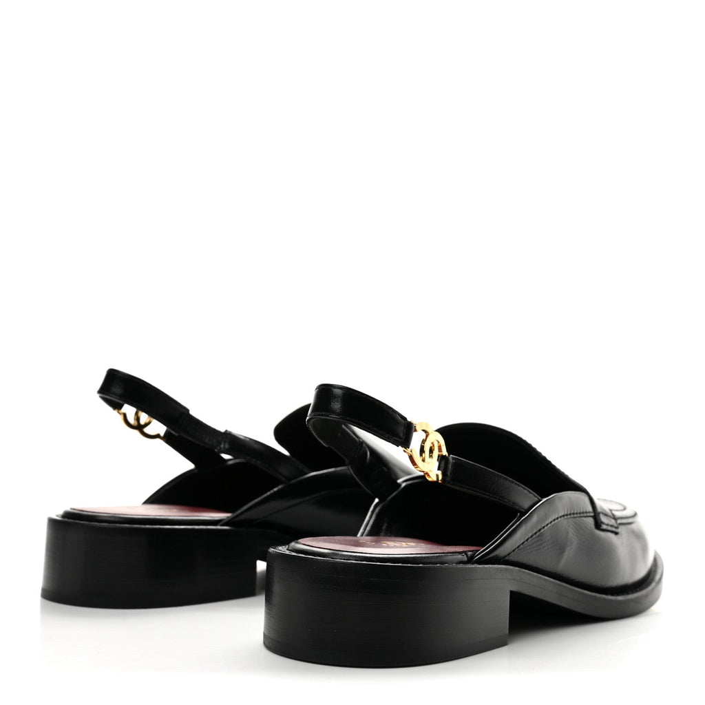 Glazed Calfskin CC Slingback Flats 39 Black