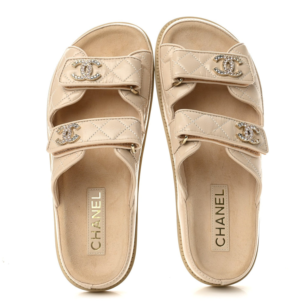 Shiny Calfskin Crystal Quilted Velcro Dad CC Slide Sandals 38.5 Beige