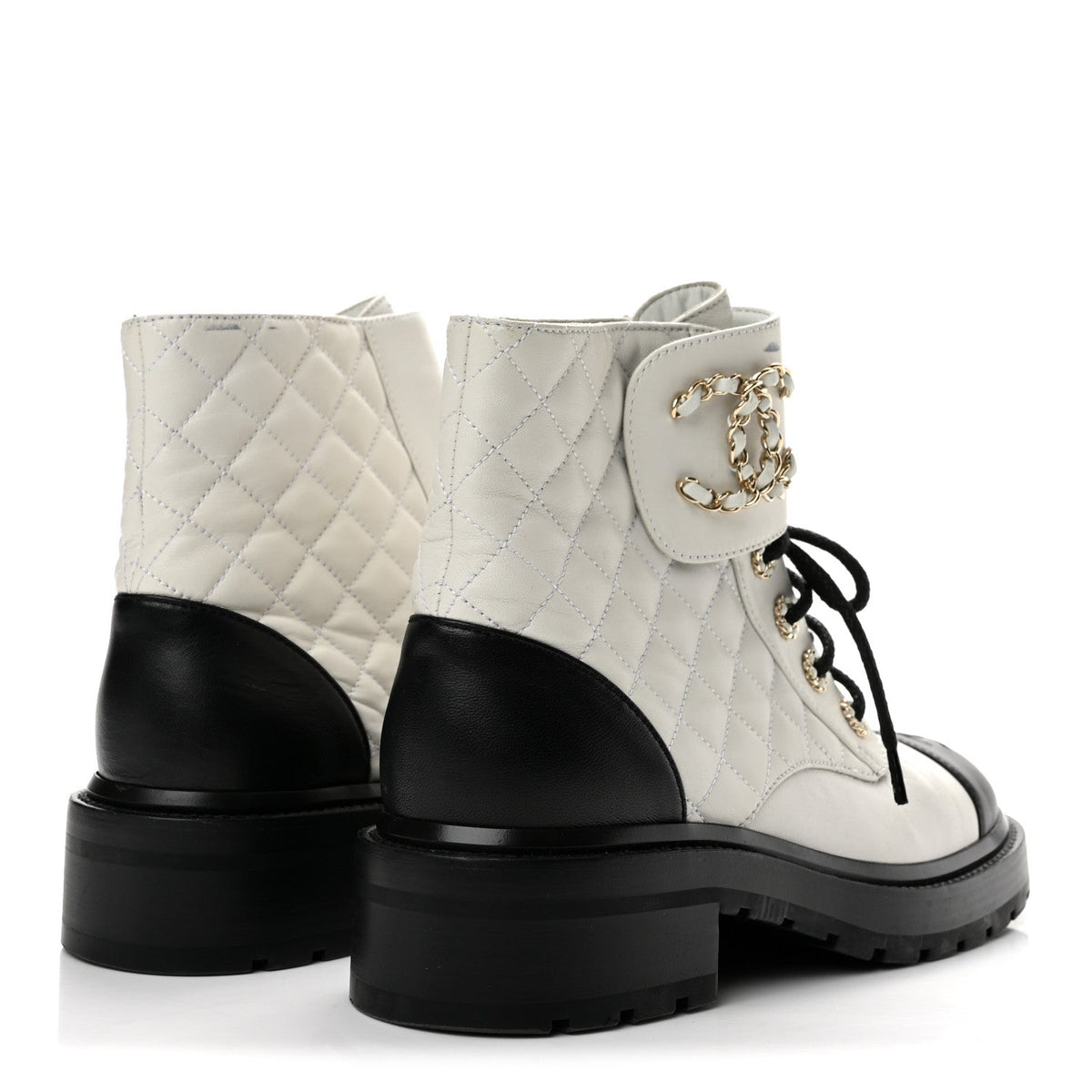 Shiny Lambskin Quilted Lace Up Combat Boots 38 White Black