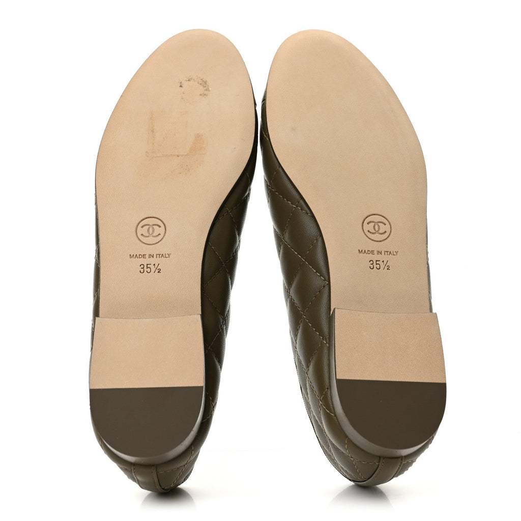 Lambskin Quilted CC Cap Toe Ballerina Flats 35.5 Dark Khaki