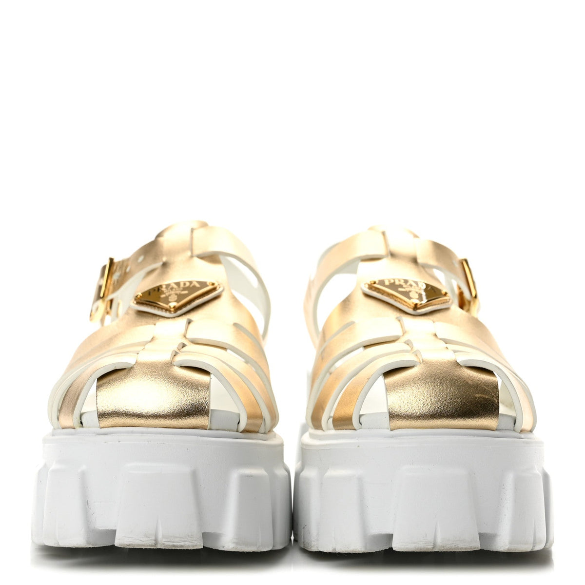 Metallic Vitello Metal Triangle Logo Monolith 55mm Cage Sandals 40 Platino