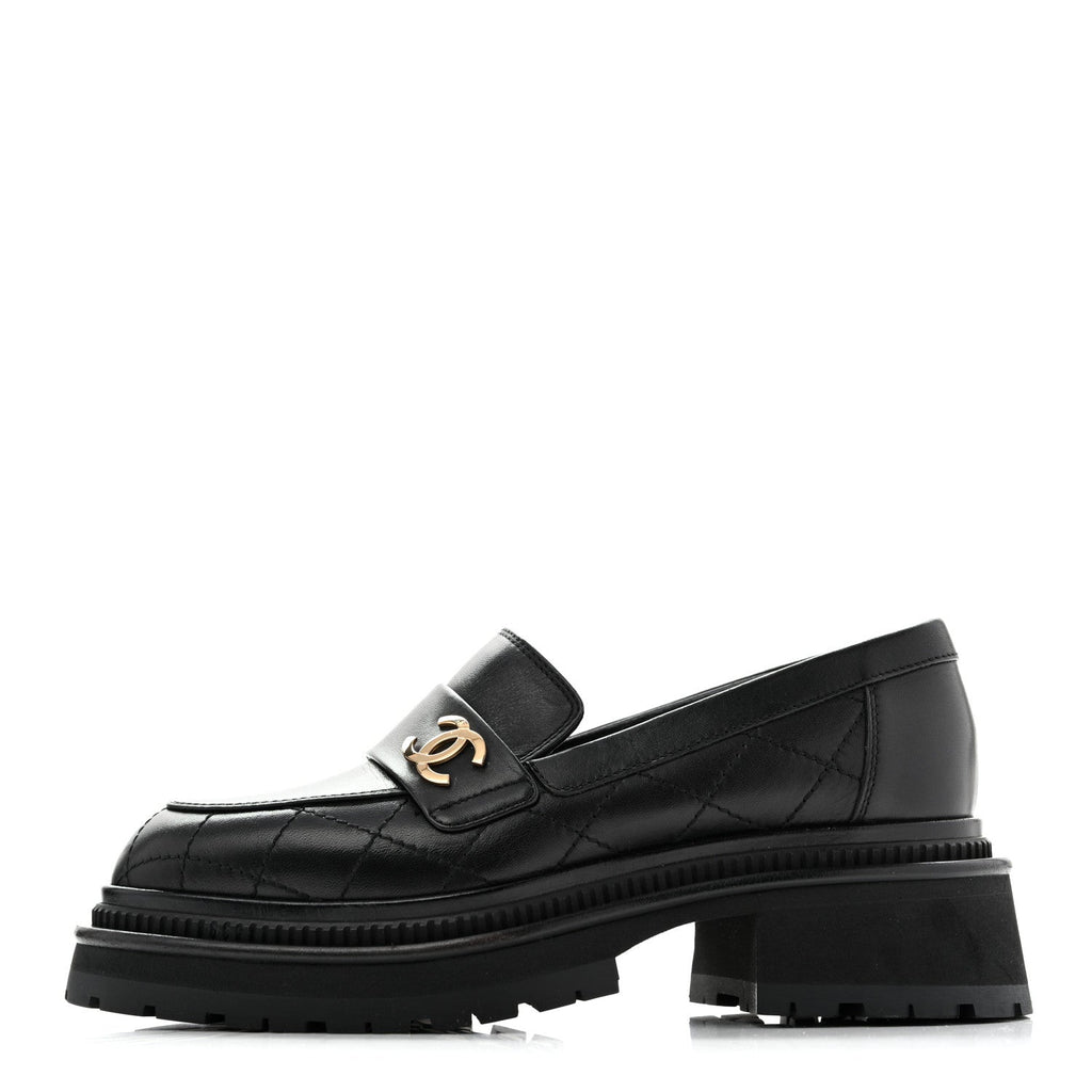 Calfskin Quilted CC Mocassin Loafers 35 Black