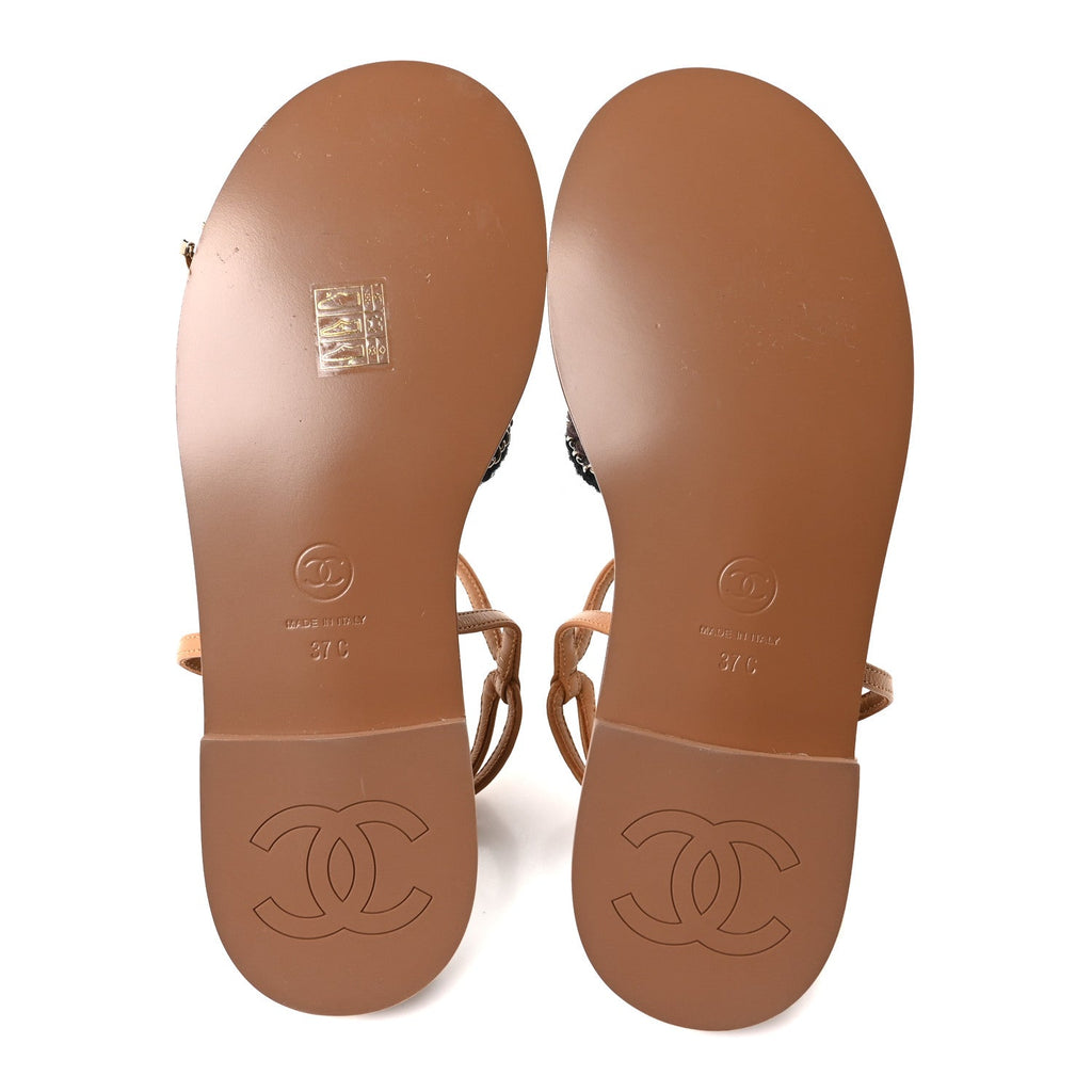 Lambskin Cord Chain CC Sandals 37 Brown Black Ivory