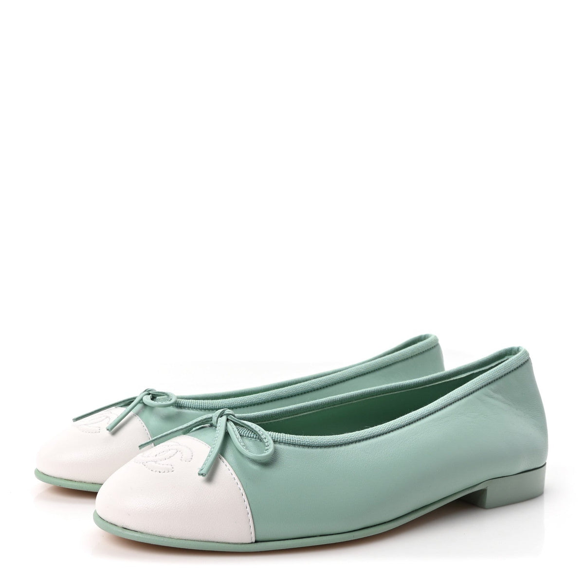 Lambskin CC Cap Toe Ballerina Flats 37 Light Green White