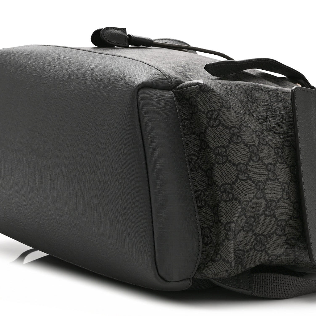 GG Supreme Monogram Textured Dollar Calfskin Medium Ophidia Double Buckle Backpack Grey Black Graphite Grey
