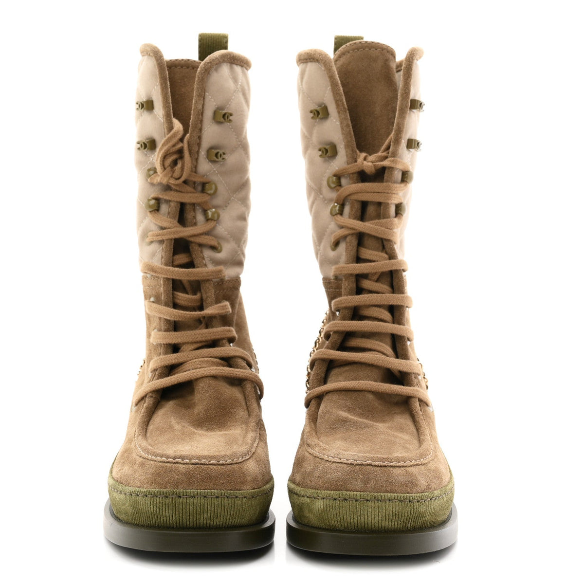 Suede Calfskin Cotton Quilted CC Chain Combat Boots 38 Light Grey Brown Khaki