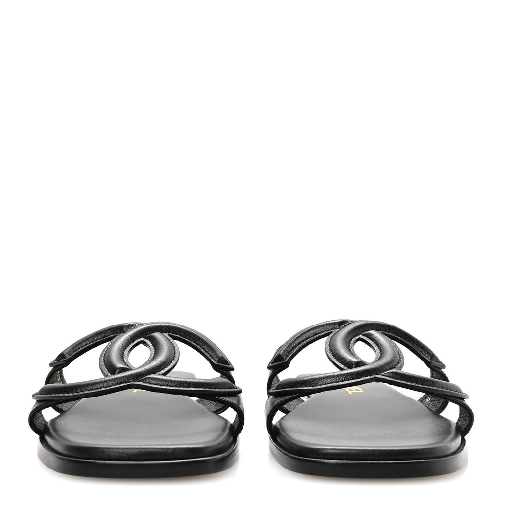 Lambskin CC Cut Out Mules Sandals 36 Black