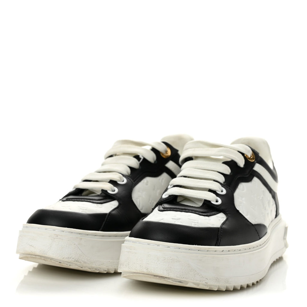 Monogram Embossed Calfskin Time Out Sneakers 37 White Black