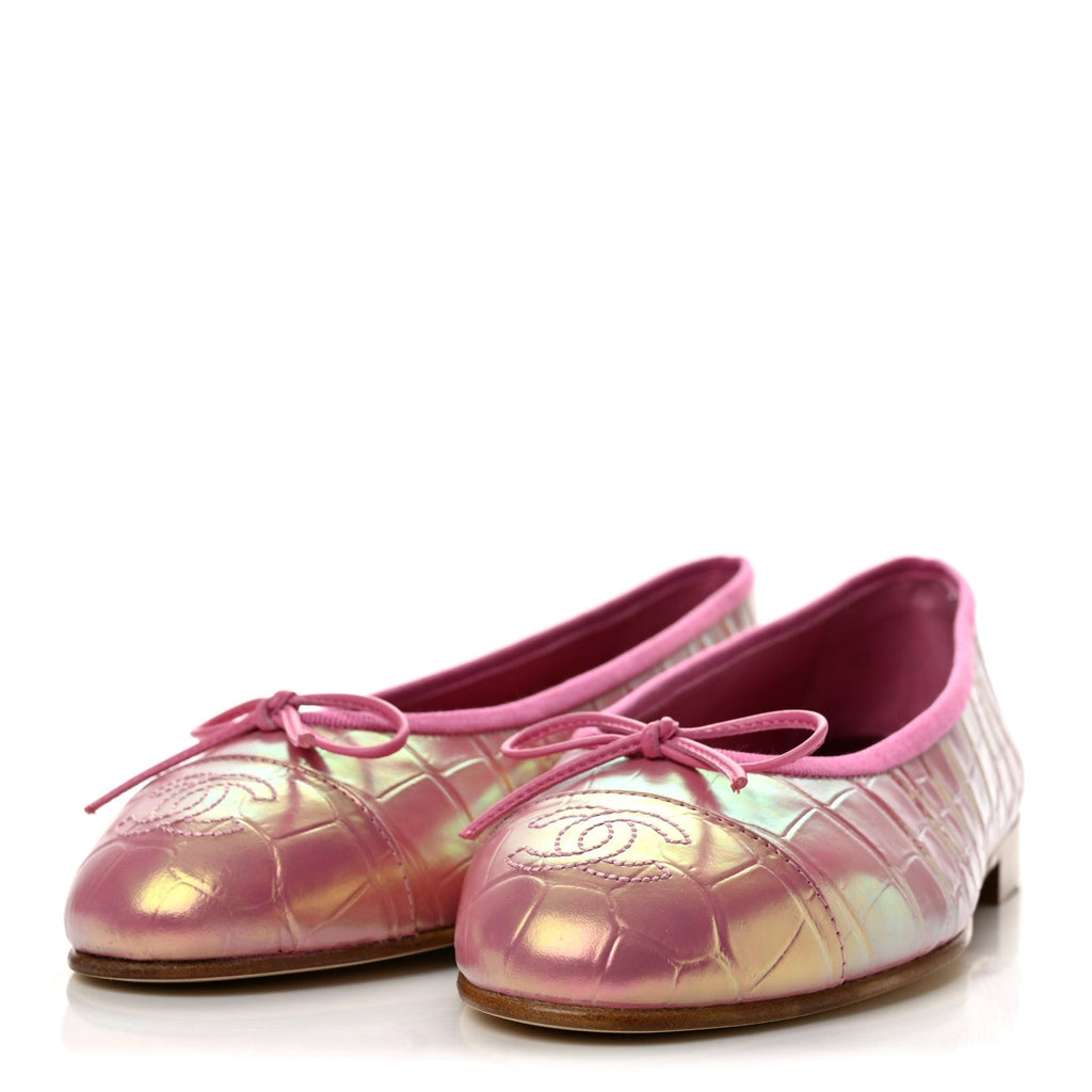 Iridescent Calfskin Crocodile Embossed Ballerina Flats 37 Pink